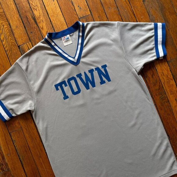 Vintage 80s Majestic USA Made Single Stitch Men Grey Blue TOWN Baseball Jersey - Picture 2 of 5